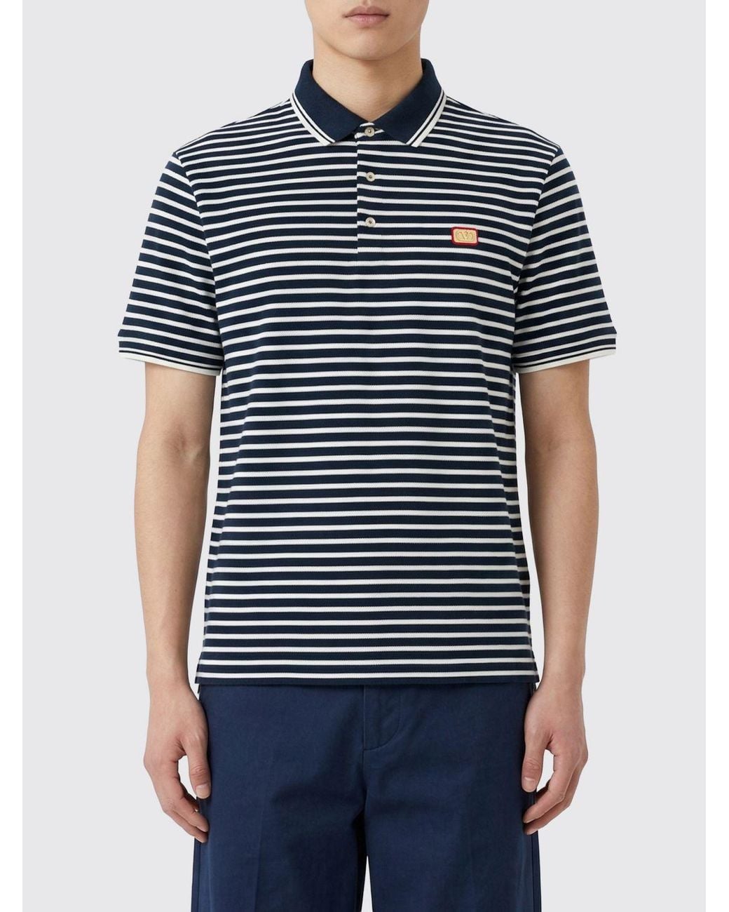 Valentino Blue Striped Cotton Polo Shirt With Logo for men