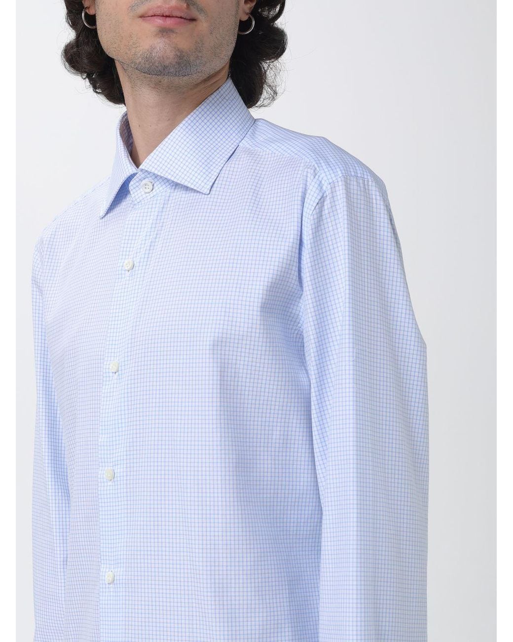Luigi Borrelli Napoli Blue Luciano Long-Sleeve Striped Cotton Shirt With French Collar for men