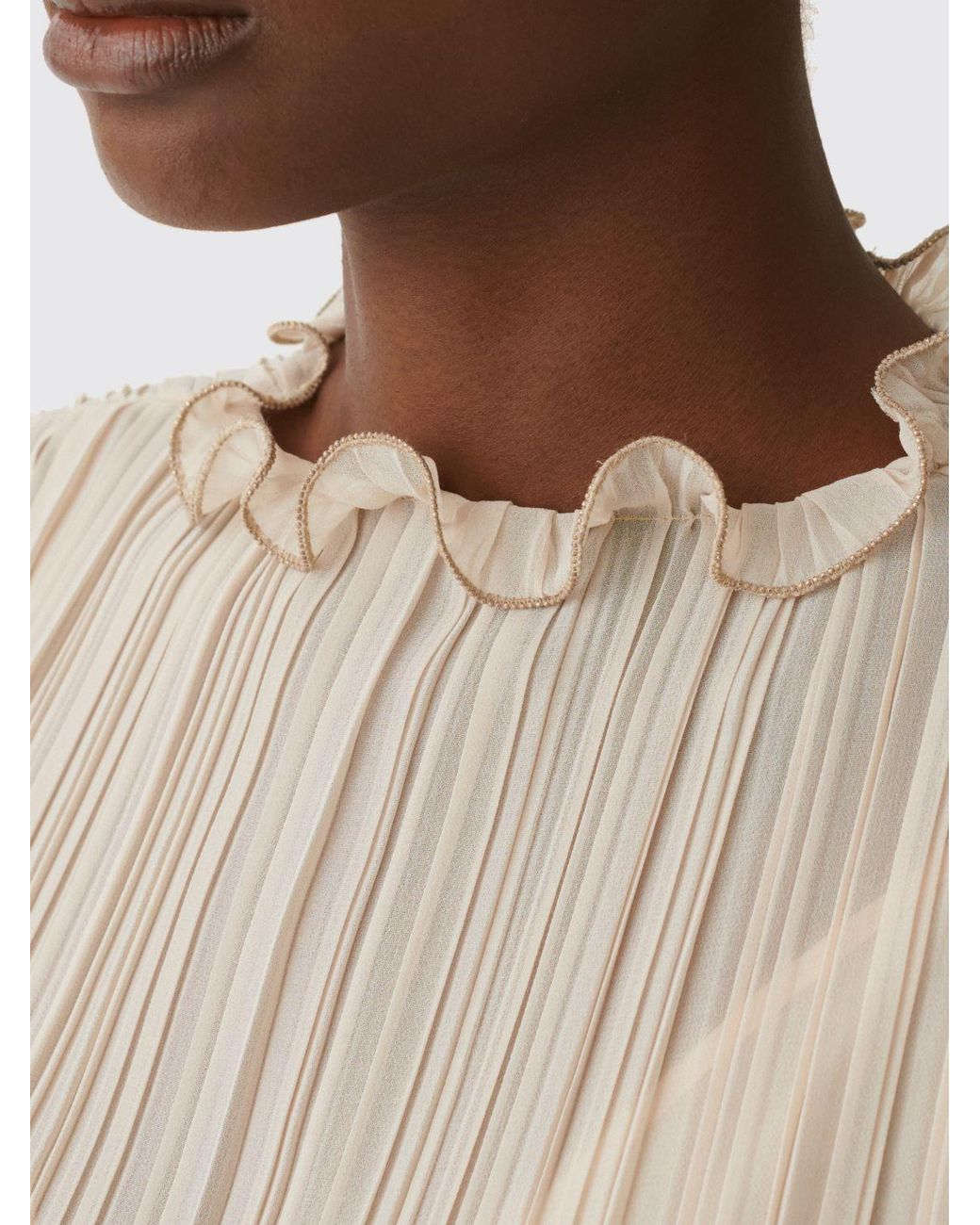 Fabiana Filippi Natural Sleeveless Pleated Blouse With Elegant Ruffle Collar