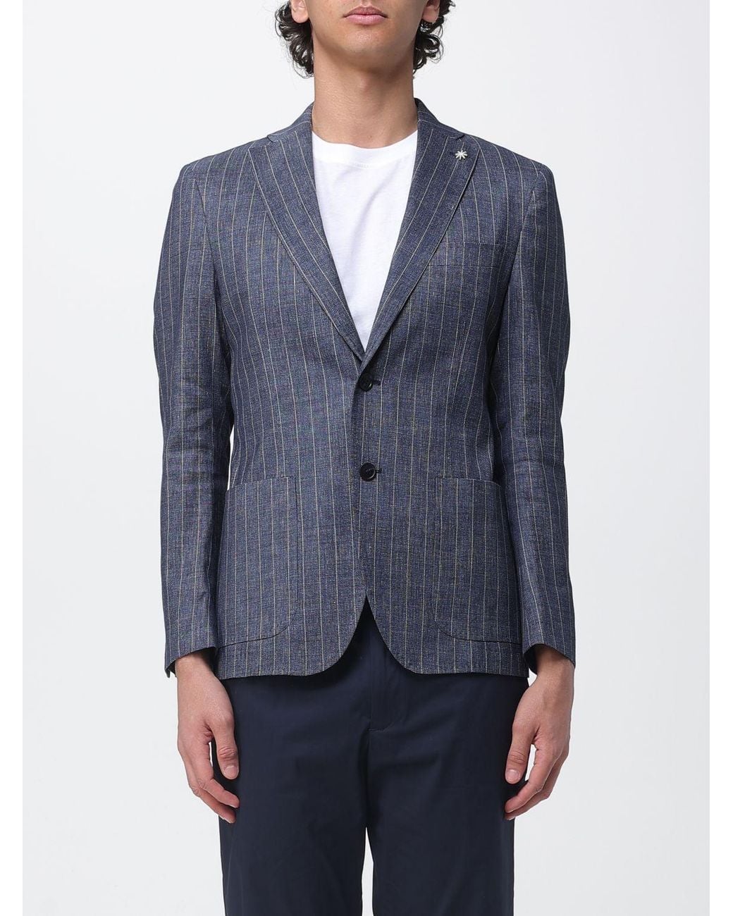 Manuel Ritz Blue Single-Breasted Pinstriped Linen Blend Blazer for men