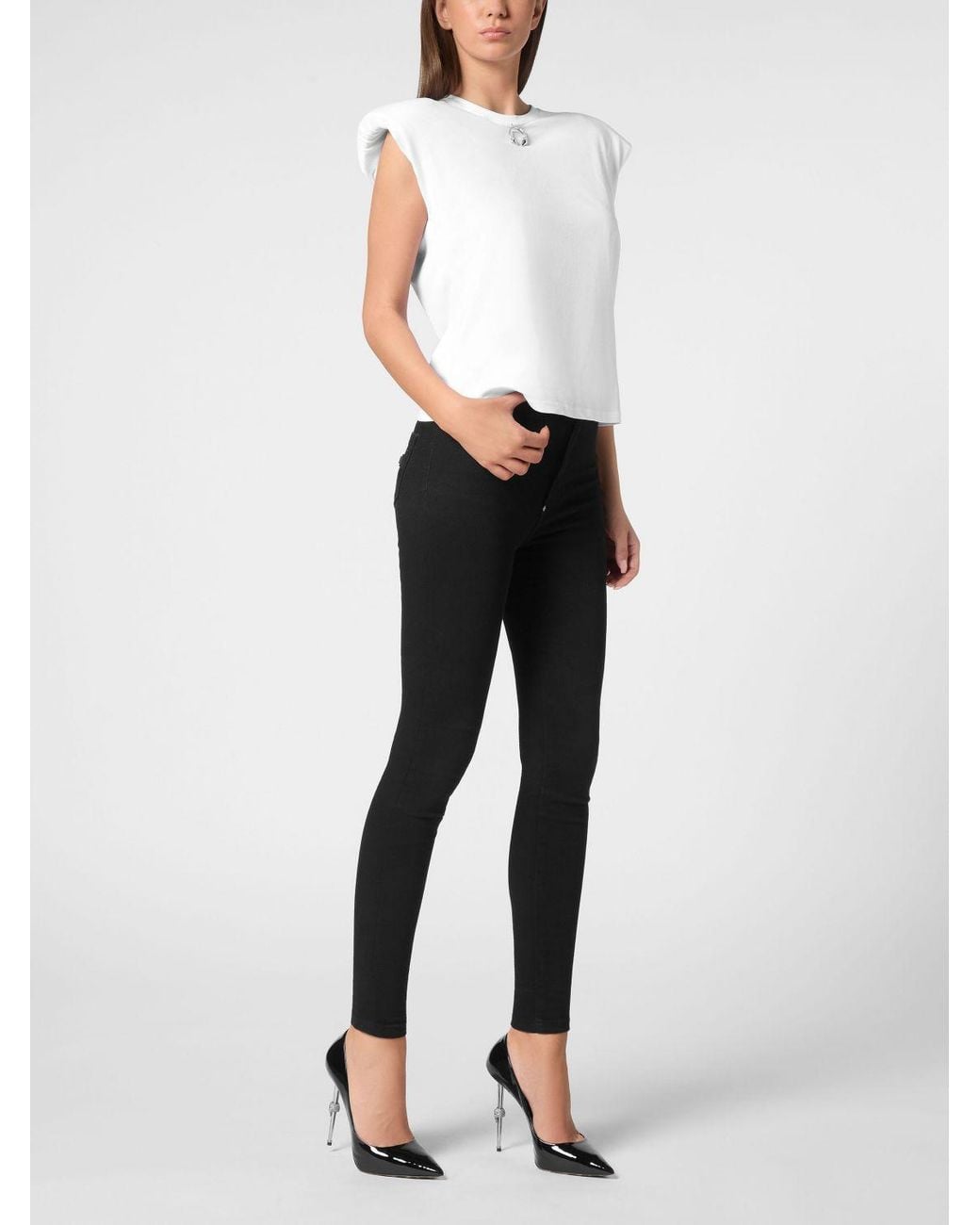 Philipp Plein White Jersey Tank Top With Crew Neck And Padded Shoulders