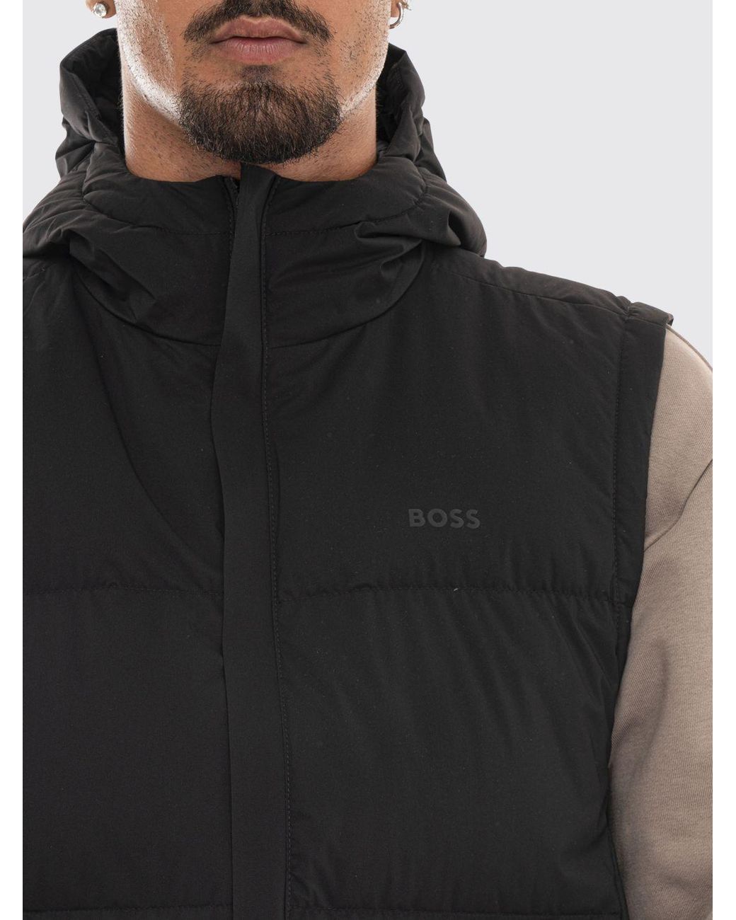 Boss Black Waterproof Quilted Nylon Gilet With Padded Hood And High Collar for men