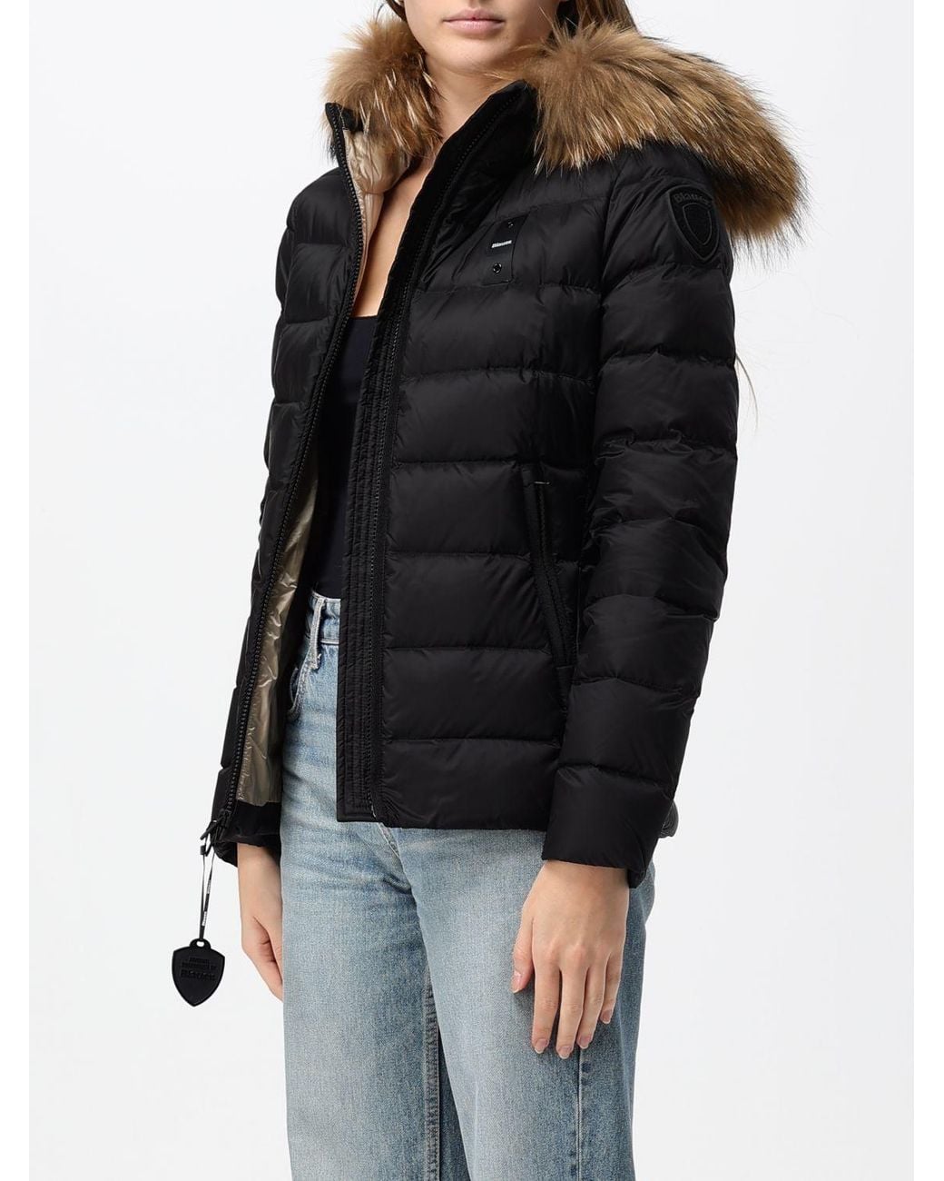 Blauer Black Short Quilted Nylon Down Jacket With Shearling Hood And Slim Fit