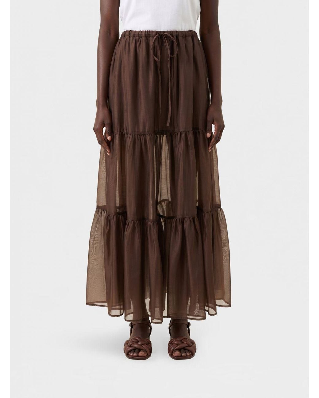 Twinset Brown A-Line Tulle Midi Skirt With High Elasticated Waist And Drawstring