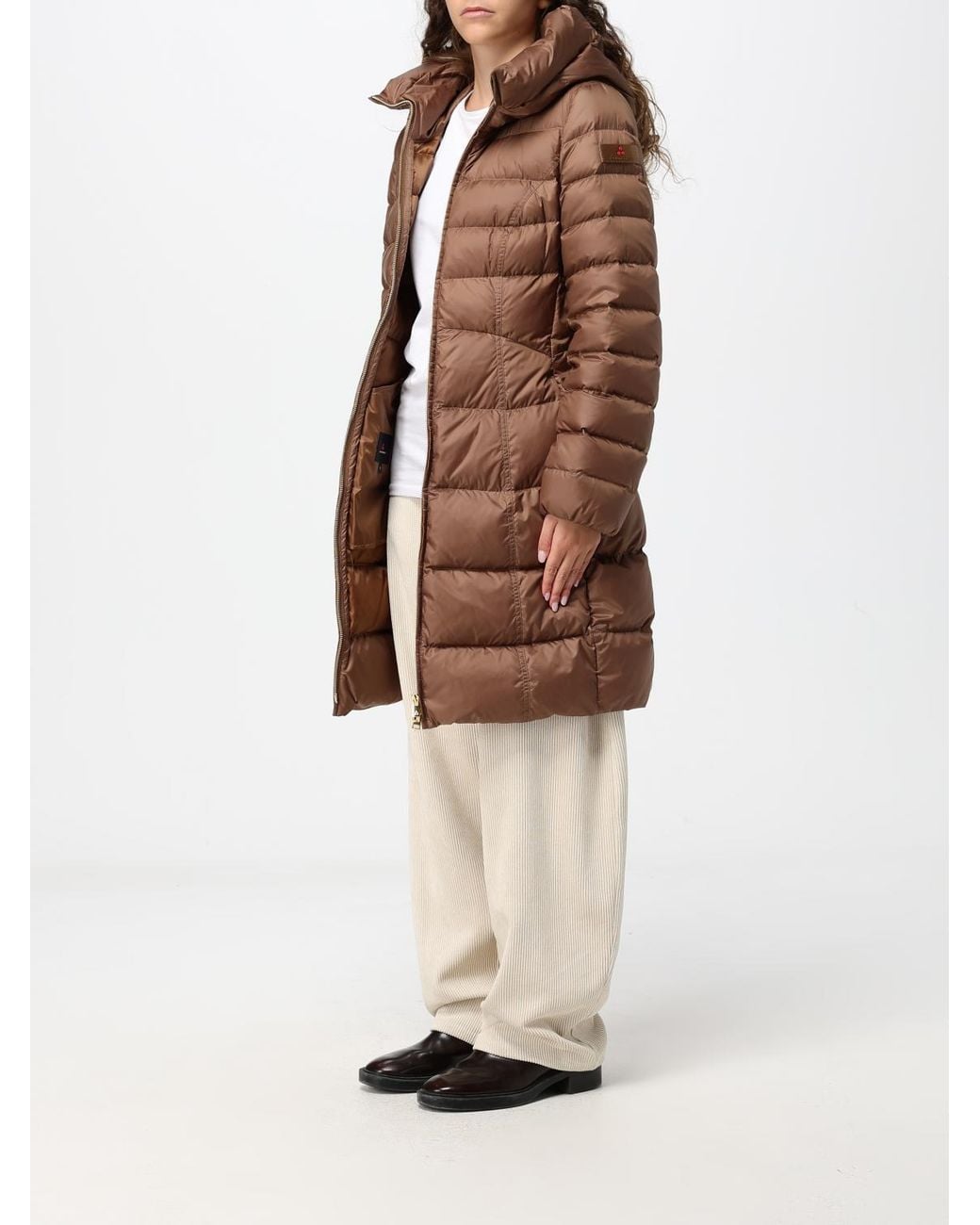 Peuterey Brown Knee-Length Quilted Nylon Down Jacket With Hood And Slit Pockets