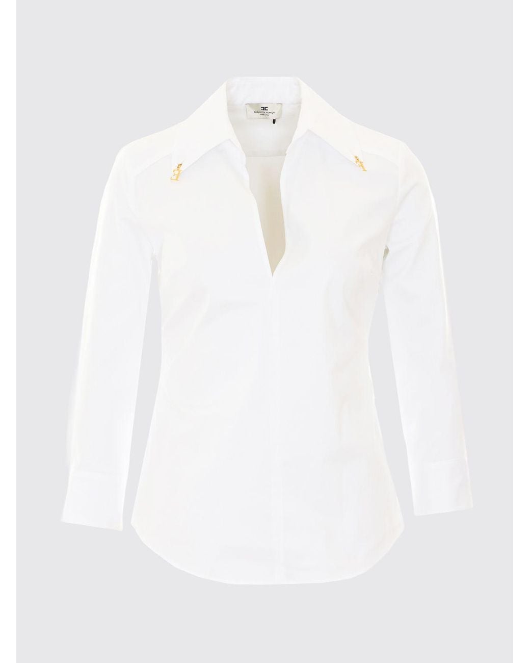Elisabetta Franchi White Slim Fit Stretch Cotton Shirt With Deep V-Neck