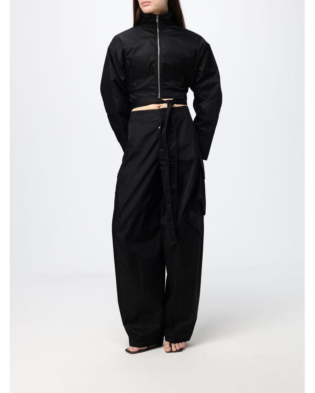 Alaïa Black Cropped Technical Taffeta Bomber Jacket With High Neck And Waist Belt