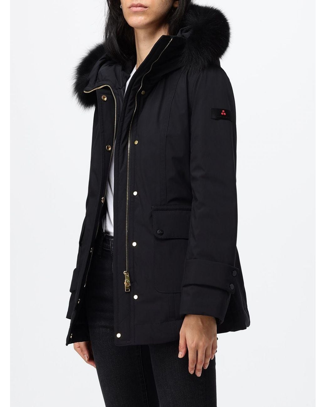 Peuterey Blue Knee-Length Polyester Parka With Shearling Hood And Applied Logo