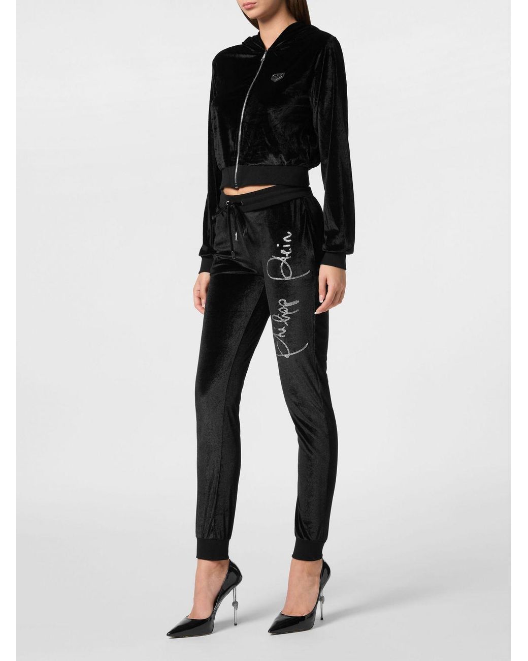Philipp Plein Black Velvet Track Trousers With Rhinestone Logo
