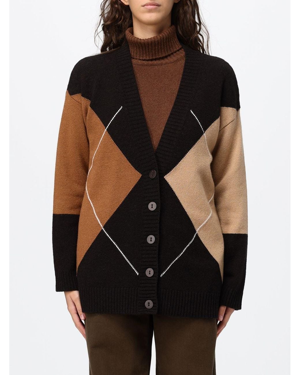 Kangra Black Wool Cardigan With A V-Neck And An Argyle Pattern