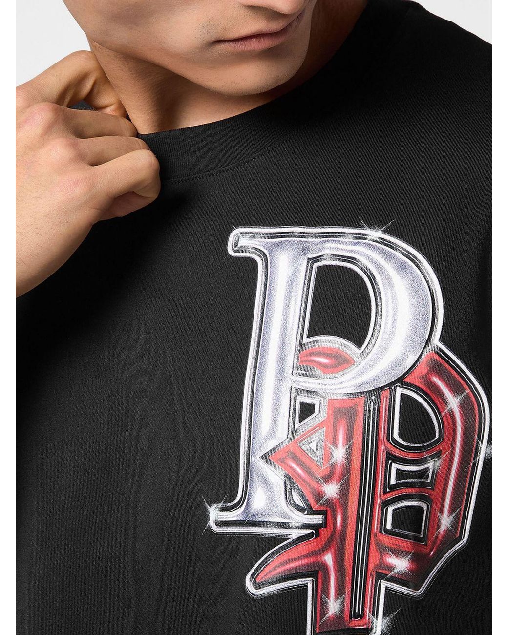 Philipp Plein Black Cotton T-Shirt With Graphic Print And Contrast Back Logo for men