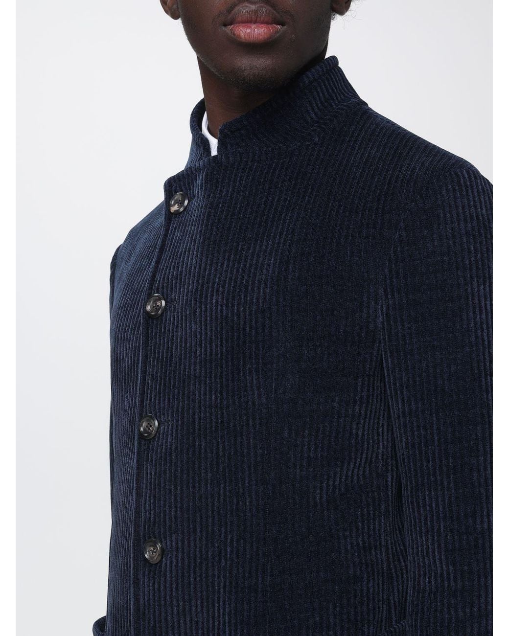 Emporio Armani Blue Asymmetrical Velvet Jacket With High Neck for men