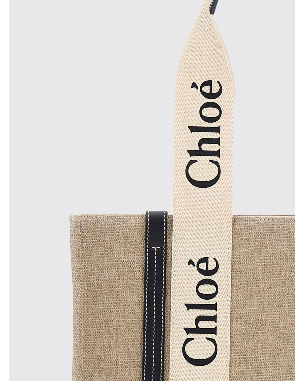 Chloé Natural Chlo&Eacute Woody Linen Tote Bag With Printed Logo And Double Handle