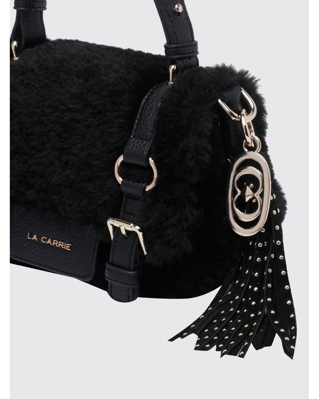 La Carrie Black Faux Fur Mini Handbag With Fringes, Logo Charm And Flat Handle