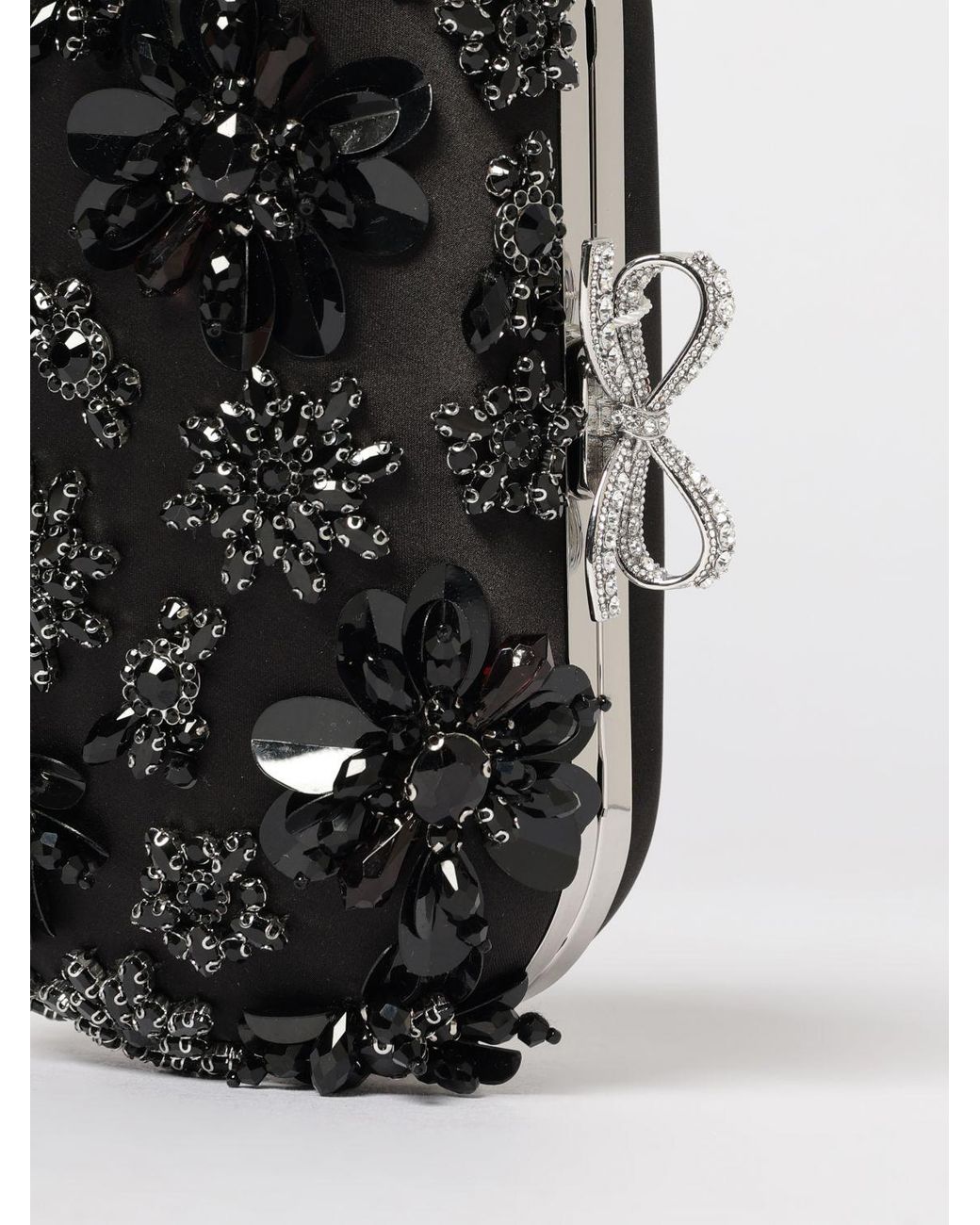 Self-Portrait Black Floral Crystal Satin Clutch