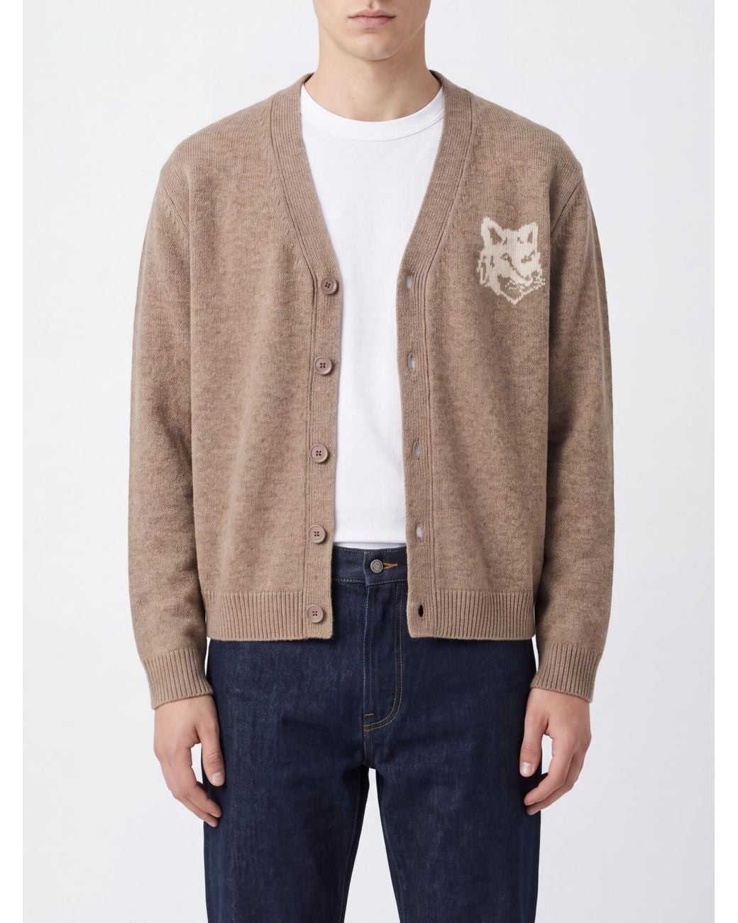 Maison Kitsuné Natural Maison KitsunÉ Merino Wool V-Neck Cardigan With Chillax Fox Logo Patch for men