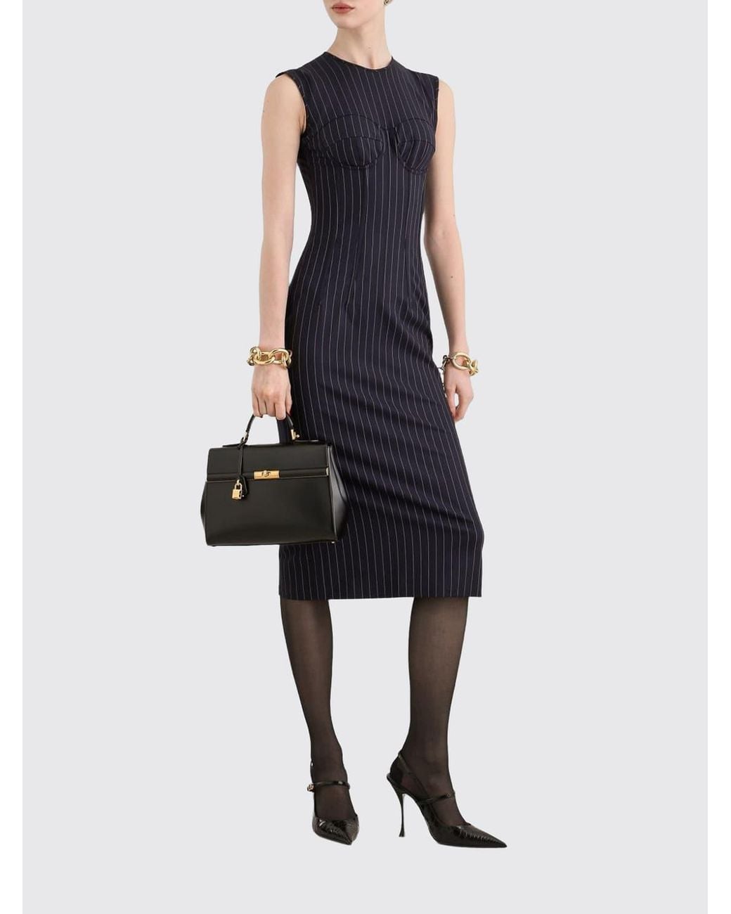 Dolce & Gabbana Blue Dolce &Amp Gabbana Sleeveless Pinstriped Wool Midi Sheath Dress