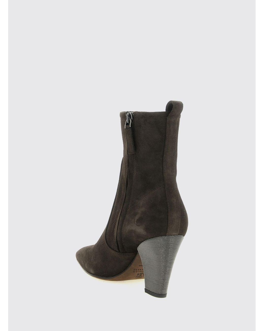 Brunello Cucinelli Black Suede Texan Ankle Boots With Flared High Heel