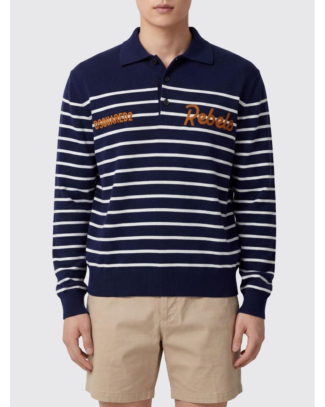 DSquared² Blue Relaxed Fit Striped Knit Long-Sleeve Polo Shirt for men