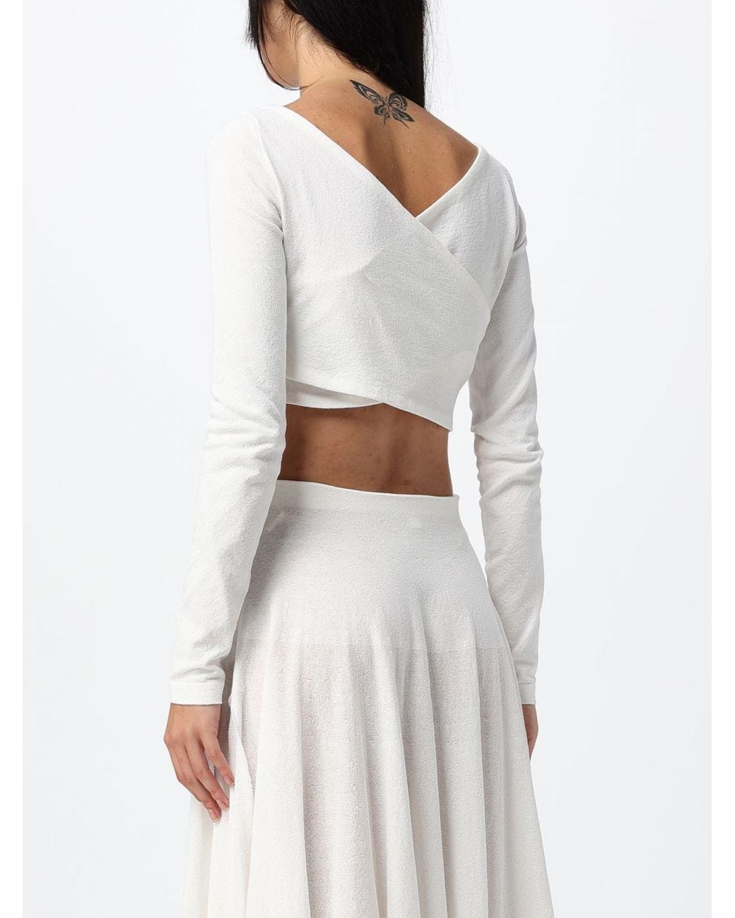 Alaïa White Slim Fit Cropped V-Neck Long-Sleeved Top