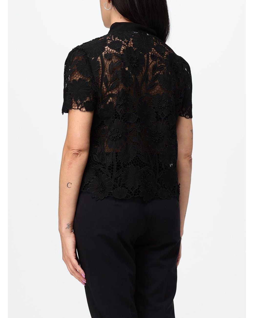 Self-Portrait Black Sheer Lace Evening Top With Pussy-Bow Collar And Short Sleeves