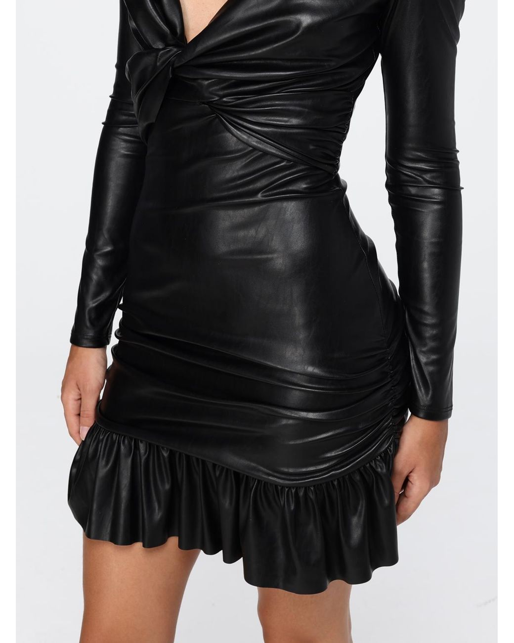 Elisabetta Franchi Black V-Neck Faux Leather Long Sheath Dress