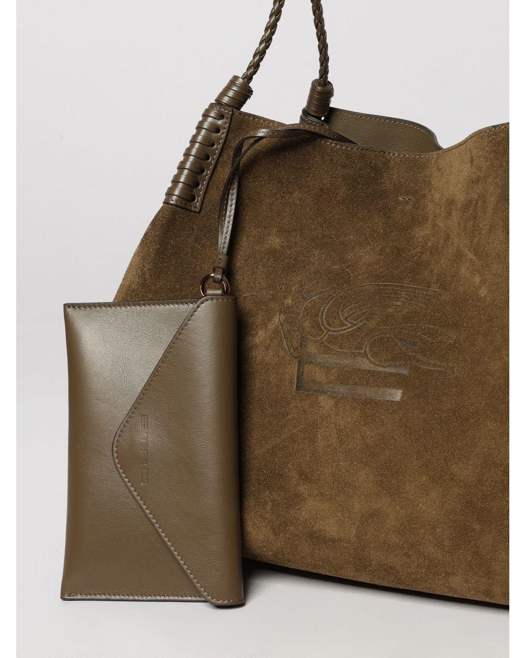 Etro Brown Libra Suede Shoulder Bag With Pegaso Logo And Braided Handles
