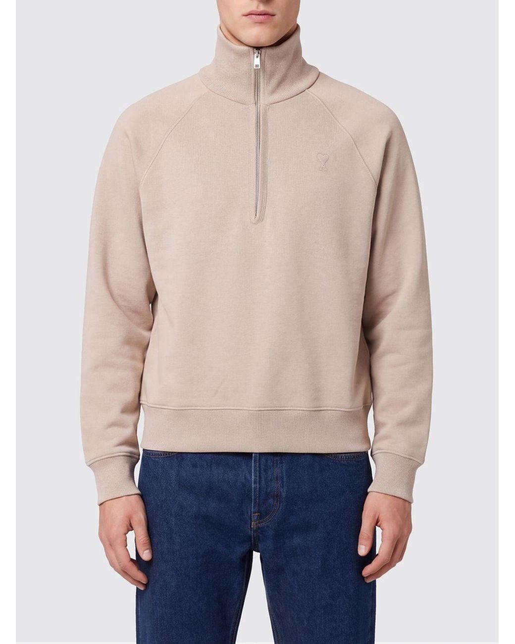 AMI Blue Pure Cotton Sweatshirt With High Neck And Half-Zip Closure for men