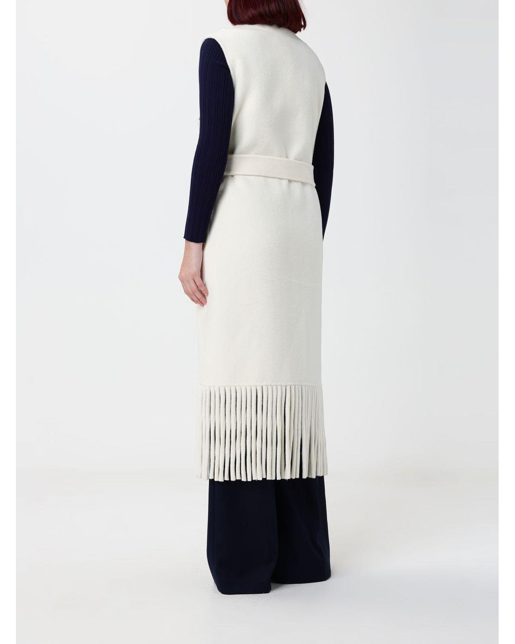 SIMONA CORSELLINI White Long Fringed Wool Blend Vest With Belt