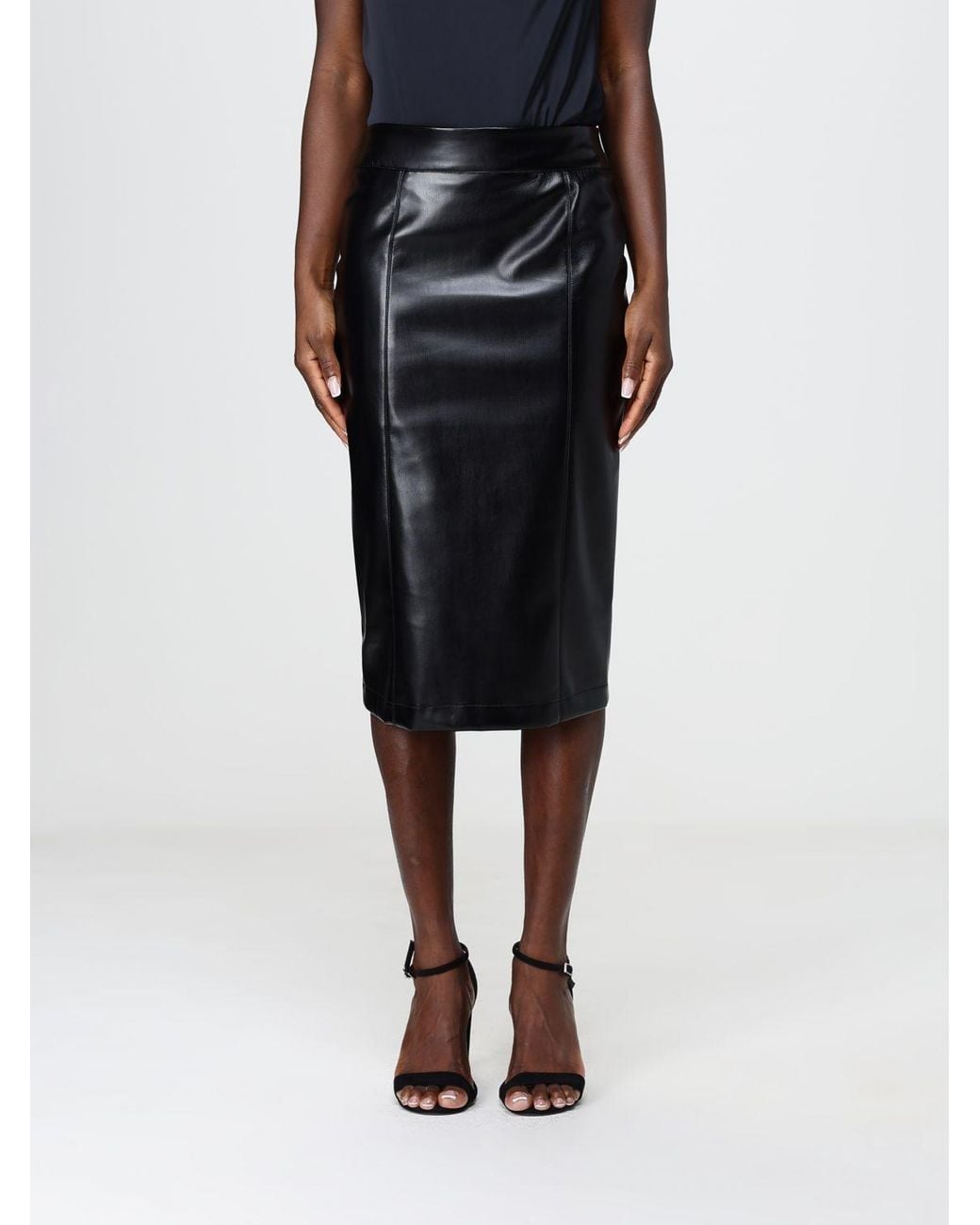 Hanita Black High-Waisted Smooth Faux Leather Midi Pencil Skirt