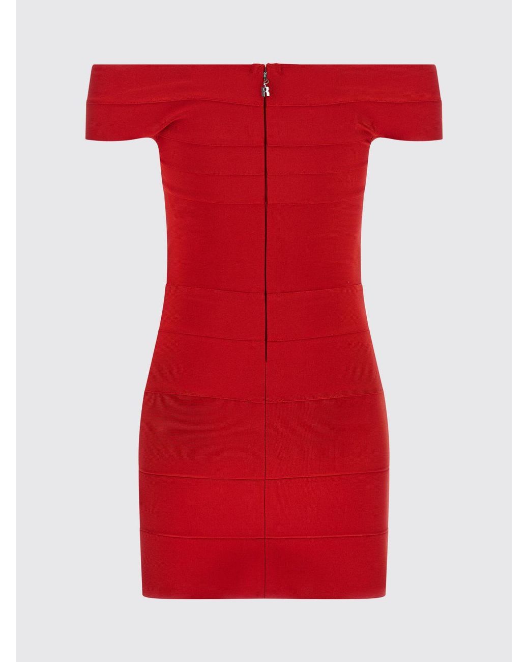 ROTATE BIRGER CHRISTENSEN Red Off-The-Shoulder Jersey Sheath Midi Dress With Straight Neckline