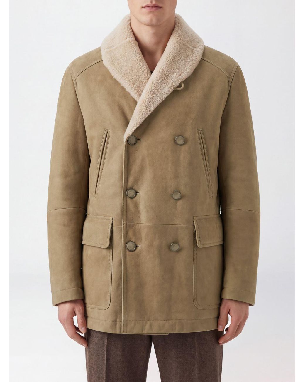 Brunello Cucinelli Natural Double-Breasted Shearling Coat With Shawl Collar for men