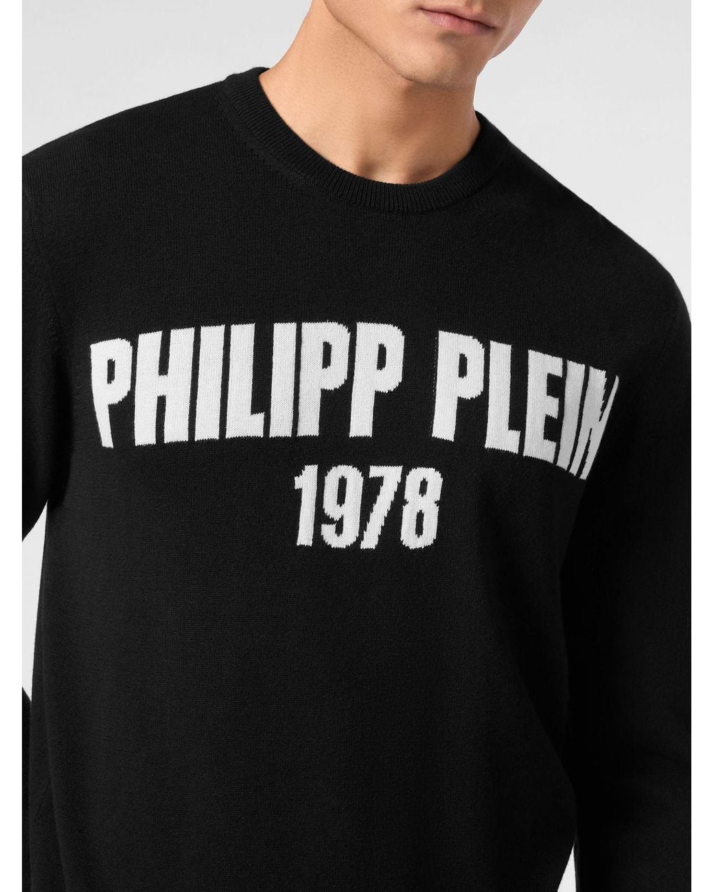 Philipp Plein Black Wool And Cotton Blend Crewneck Jumper With All-Over Jacquard Logo Pattern for men