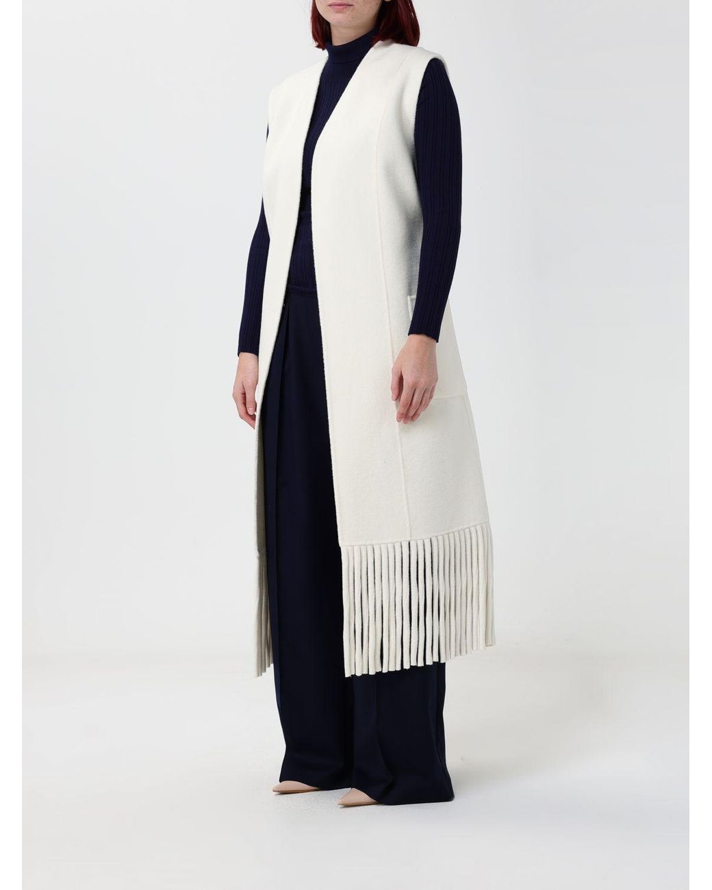 SIMONA CORSELLINI White Long Fringed Wool Blend Vest With Belt