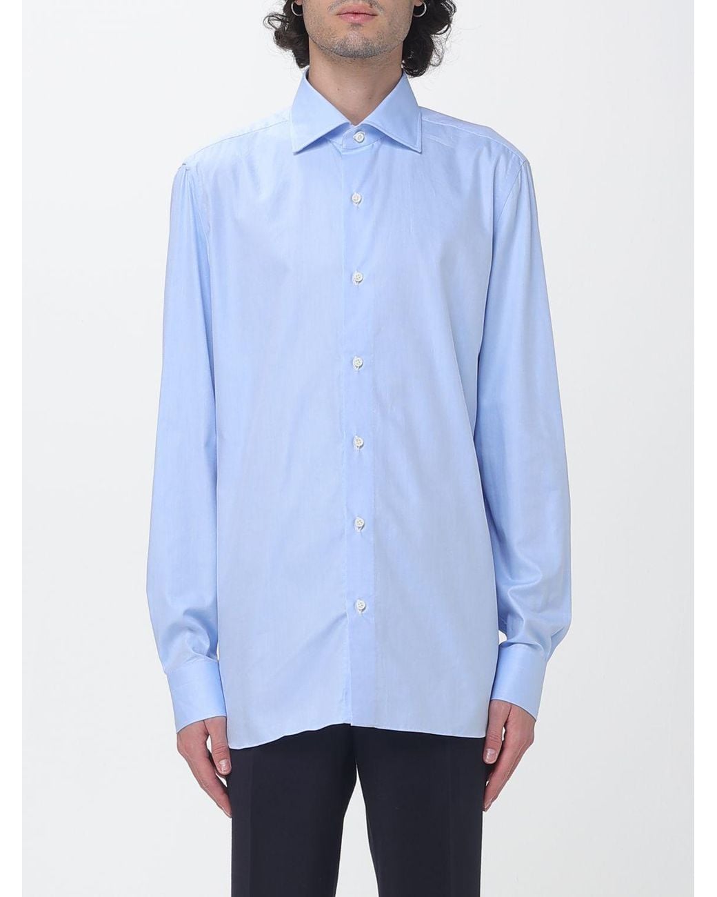 Luigi Borrelli Napoli Blue Luciano Long-Sleeve Cotton Poplin Shirt With French Collar for men