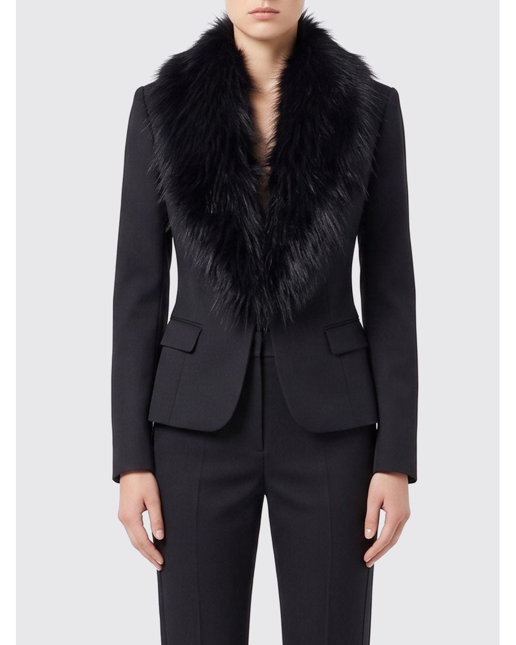 Elisabetta Franchi Blue Slim Fit Virgin Wool Blazer With Fur Collar