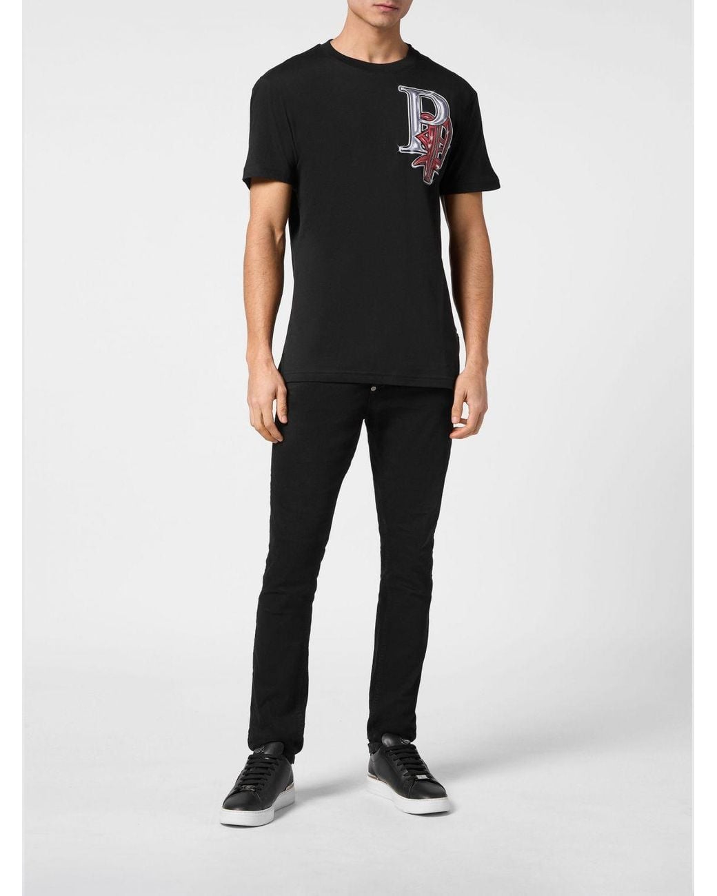 Philipp Plein Black Cotton T-Shirt With Graphic Print And Contrast Back Logo for men