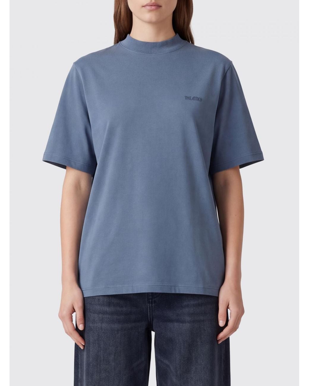 The Attico Blue Cotton Crewneck T-Shirt With Dropped Shoulders And Tone-On-Tone Logo