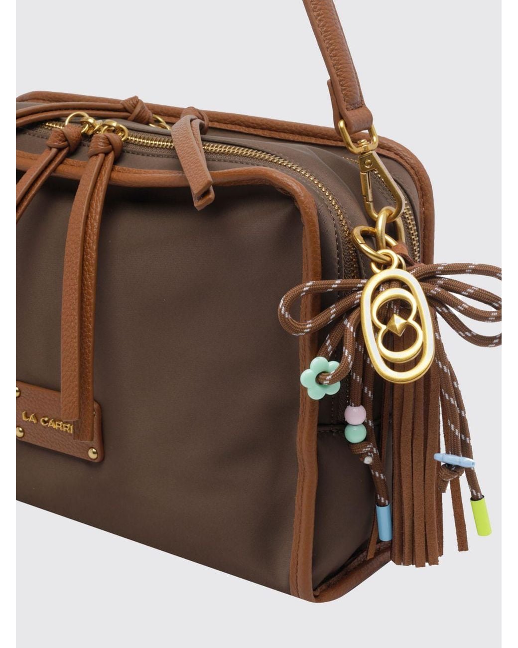 La Carrie Brown Nylon Shoulder Bag With Logo Charm And Removable Strap