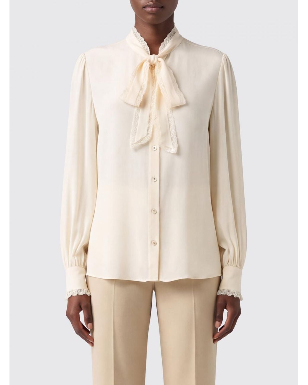 Twinset Natural Viscose Blouse With Pussy-Bow Collar And Lace Inserts