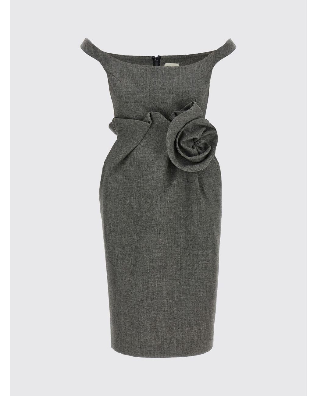 Magda Butrym Gray Off-The-Shoulder Wool And Silk Pencil Midi Dress With Flower