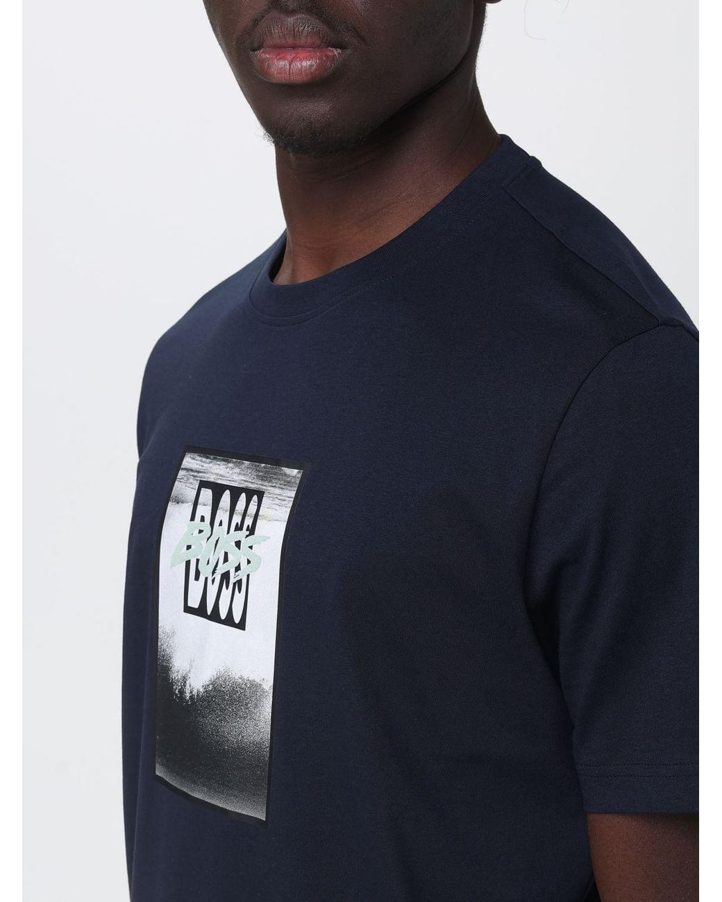 Boss Blue Crew Neck Pure Cotton T-Shirt With Printed Front Logo for men