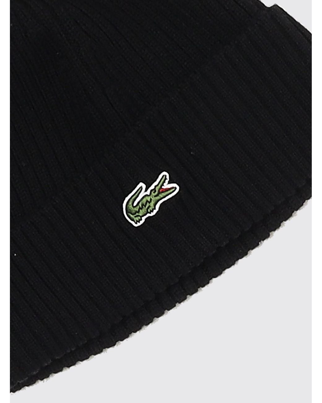 Lacoste Black Pure Wool Beanie With Cuffed Hem And Embroidered Crocodile Logo for men