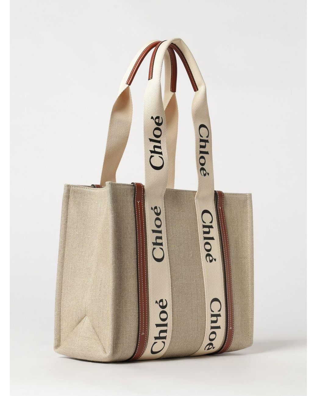 Chloé Natural ChloÉ Woody Linen Tote Bag With Printed Logo And Double Handle