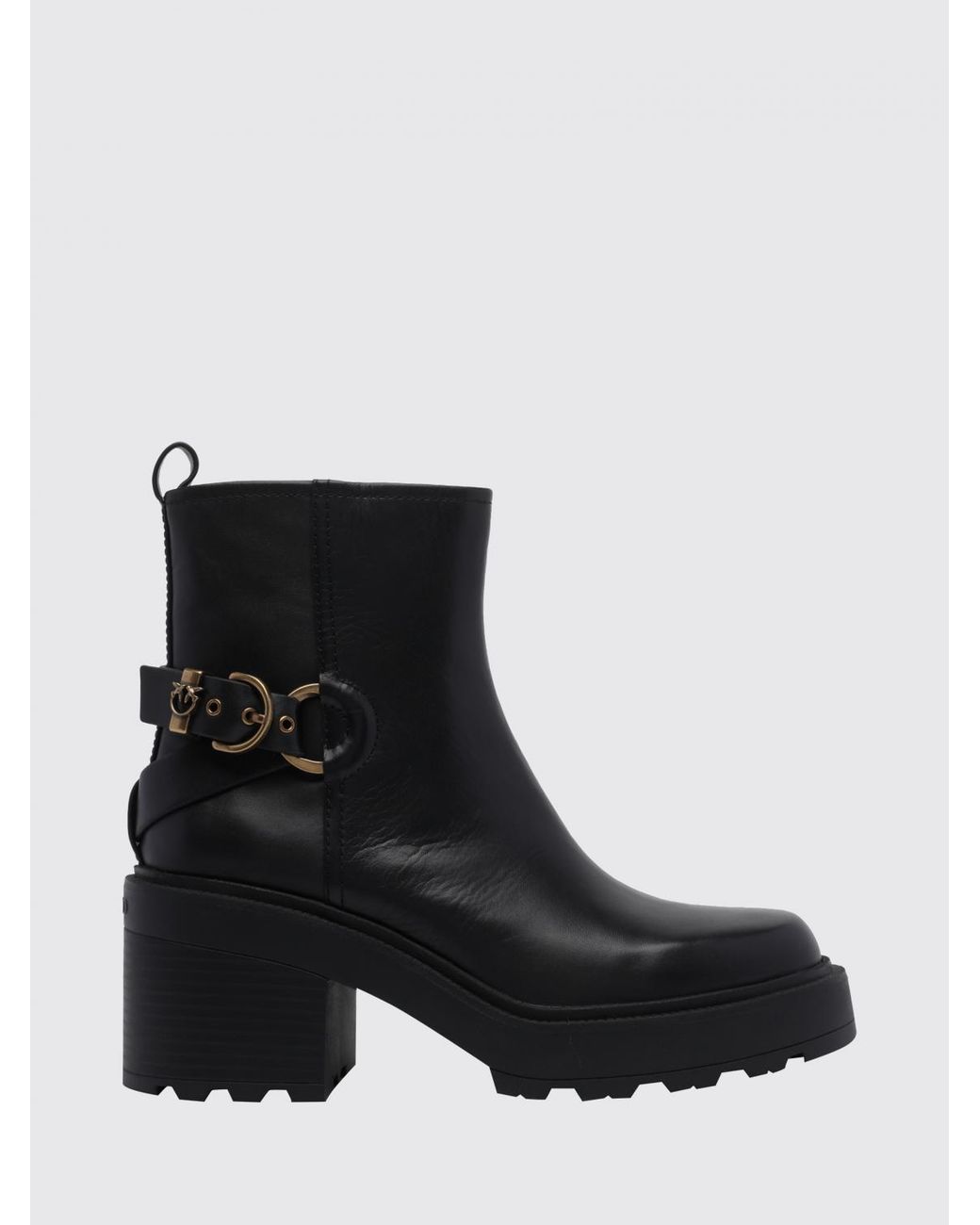 Pinko Black Altea Leather Biker Ankle Boots With Lug Sole And Love Birds Logo