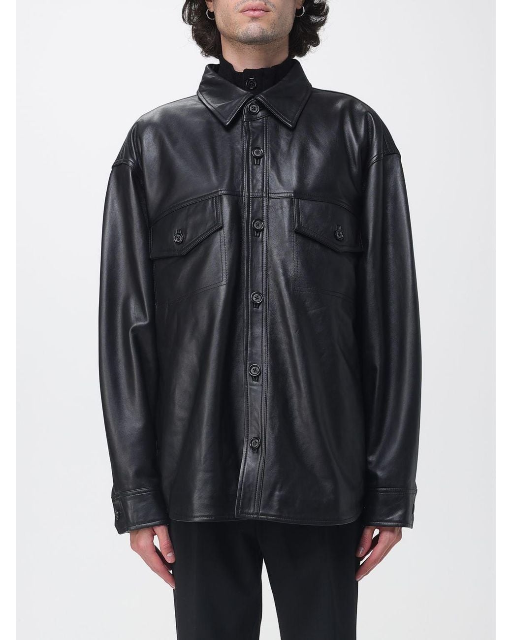 Paolo Pecora Gray Oversize Leather Shirt Jacket With Patch Pockets for men