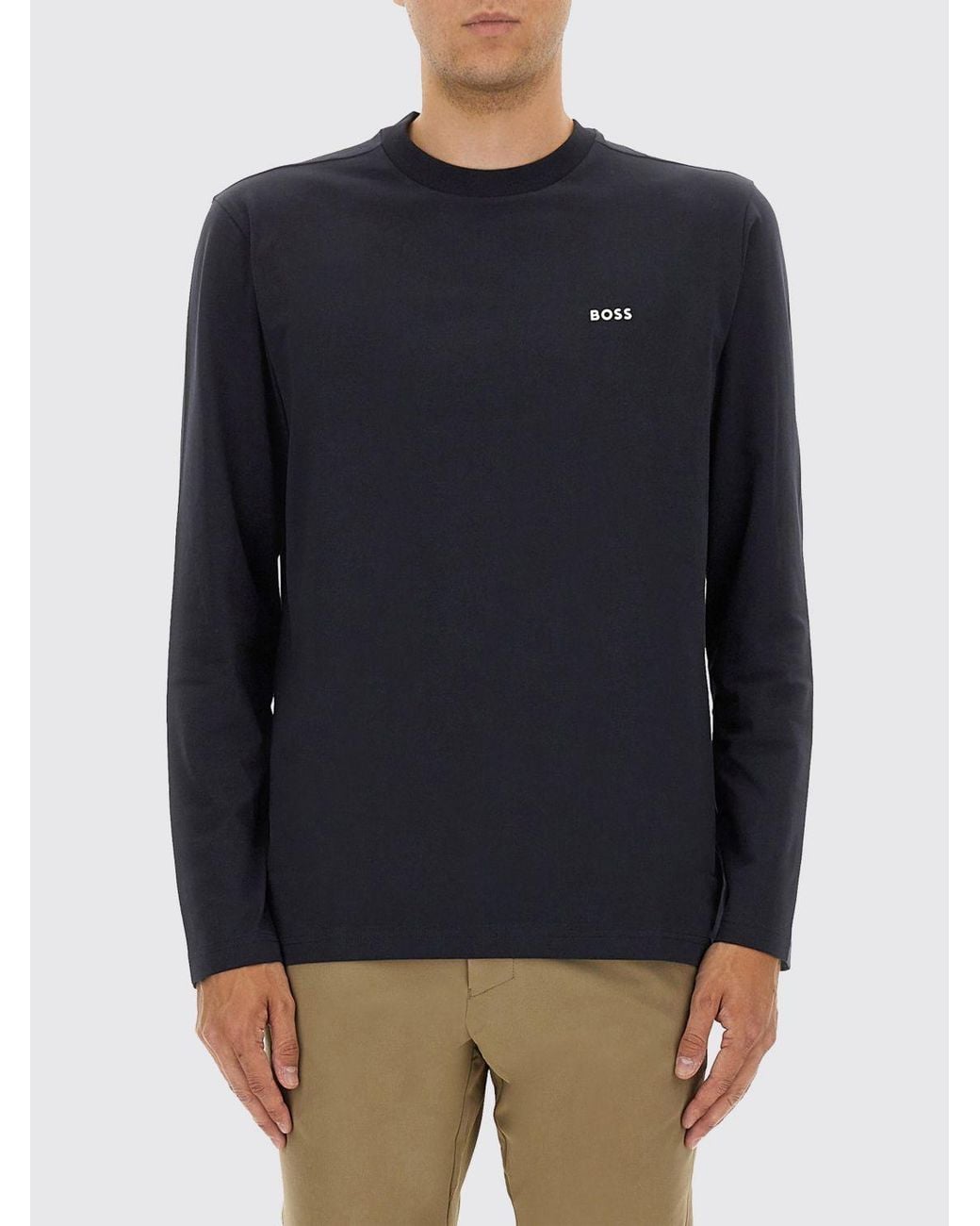 Boss Blue Long-Sleeved Cotton T-Shirt With Crewneck And Contrast Logo for men