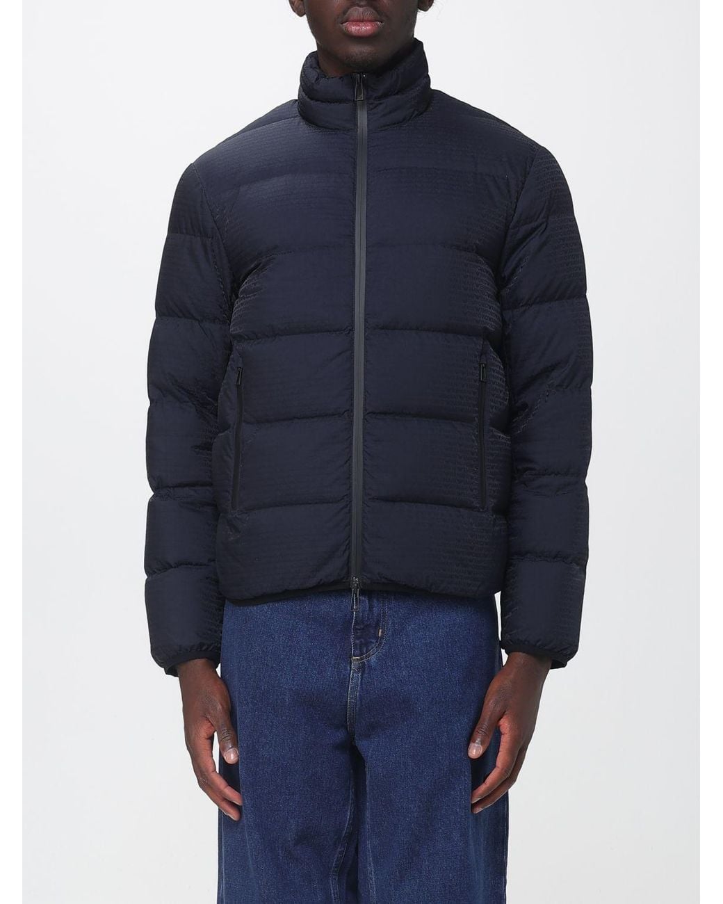 Emporio Armani Blue Quilted Nylon Down Jacket With High Neck And Eagle Logo for men