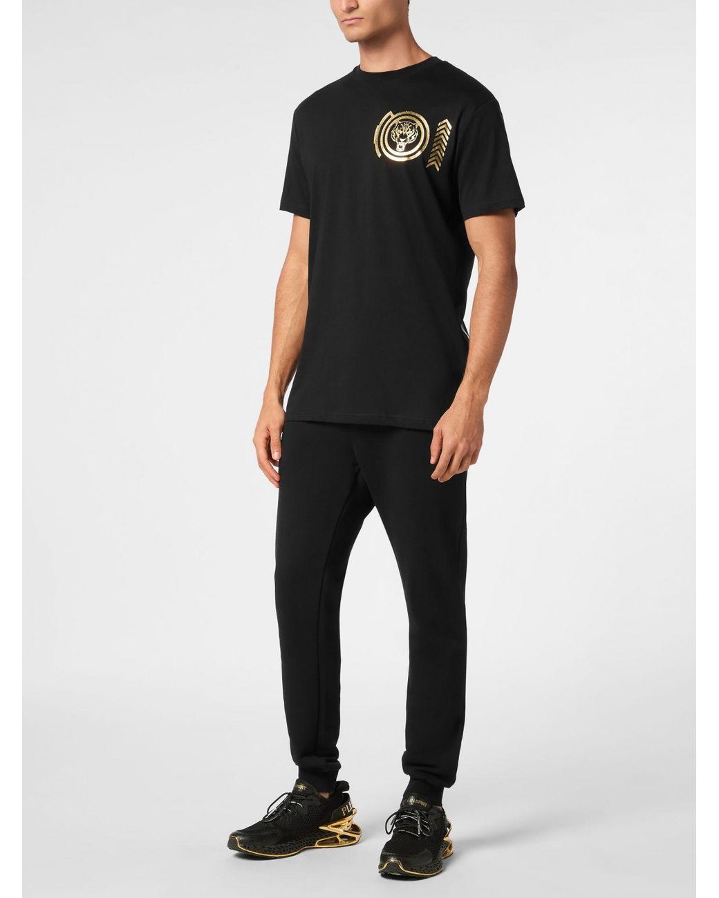 Philipp Plein Black Cotton T-Shirt With Laminated Logo for men