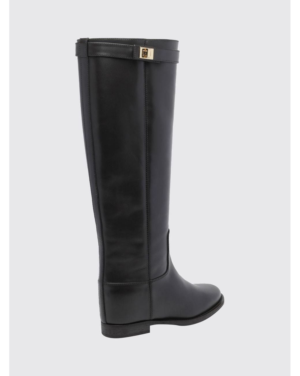 Via Roma 15 Black Knee-High Smooth Leather Wedge Boots With Strap Details